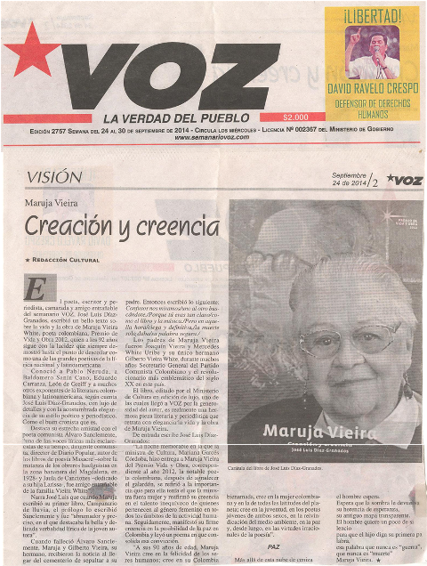 Reseña del libro Creación y creencia. Semanario Voz - 2014